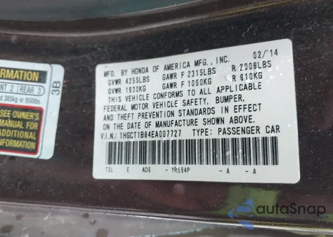 2014 Honda Accord Ex-L from USA, damaged, VIN 1HGCT1B84EA007727